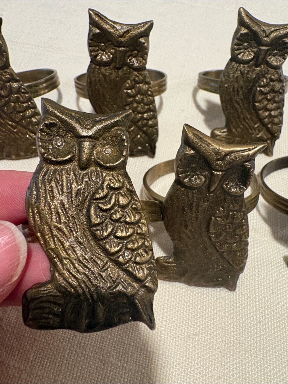 Antique Brass Owl Napkin Rings - Set of 6